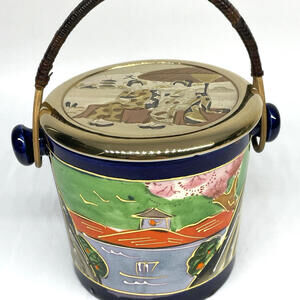 Vintage Japanese Ceramic Sugar Pot With The Art Of Chokin Lid Geisha Girls